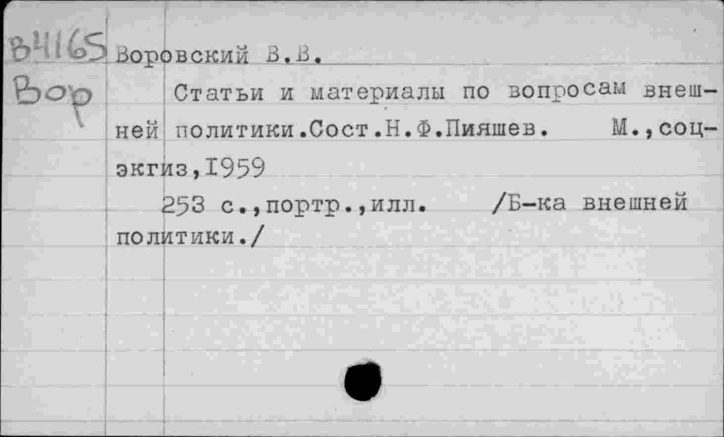 ﻿Воровский В.В._____
Статьи и материалы по вопросам внеш-ней^ политики.Сост.Н.Ф.Пияшев. М.,соц-экгиз,1959
253 с.,портр.,илл.	/Б-ка внешней
политики./